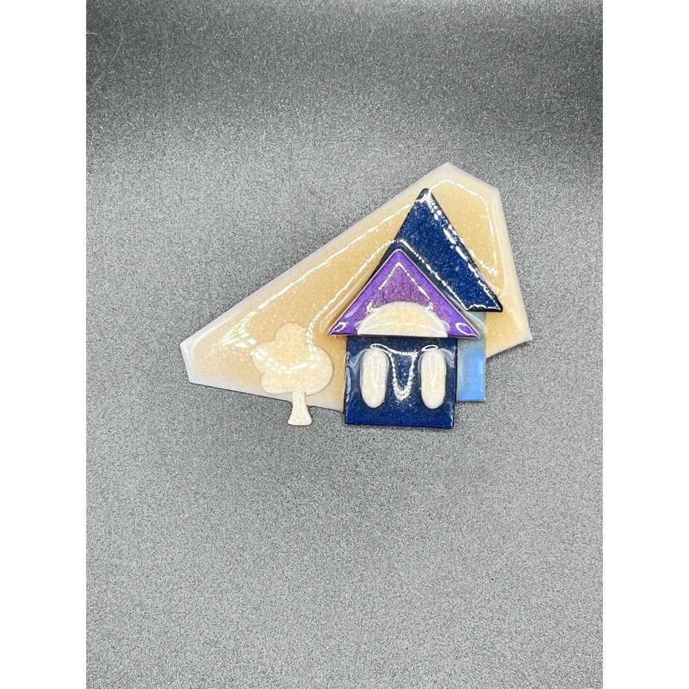 House Pins by Lucinda Enamel Pin Brooch House Tree Blue Purple‎ Geometric 3" Vtg
